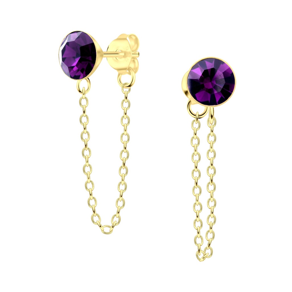 [10009003] Puces d'oreilles en argent cristal 6 mm avec chaîne (Amethyst)
