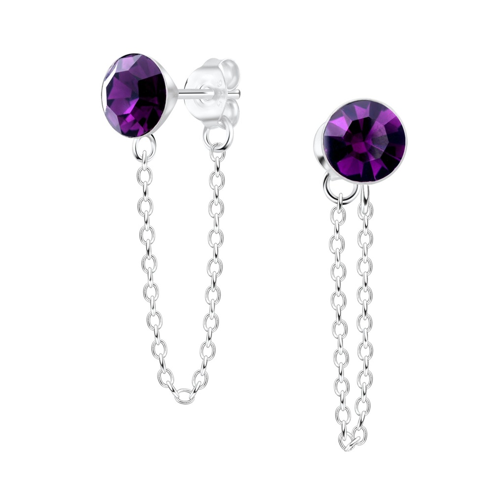 [10008998] 6mm Crystal Silver Stud Earrings with Chain (Amethyst)