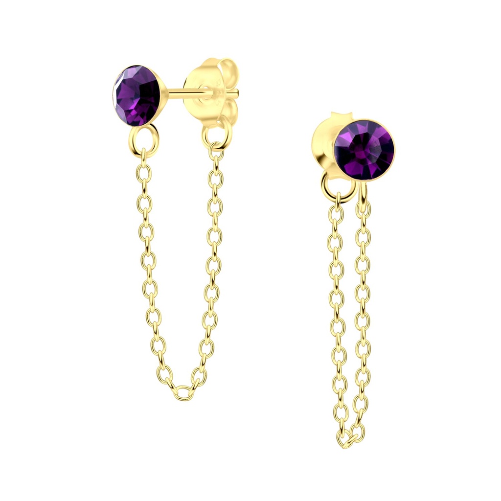 [10007437] 4mm Crystal Silver Stud Earrings with Chain (Amethyst)