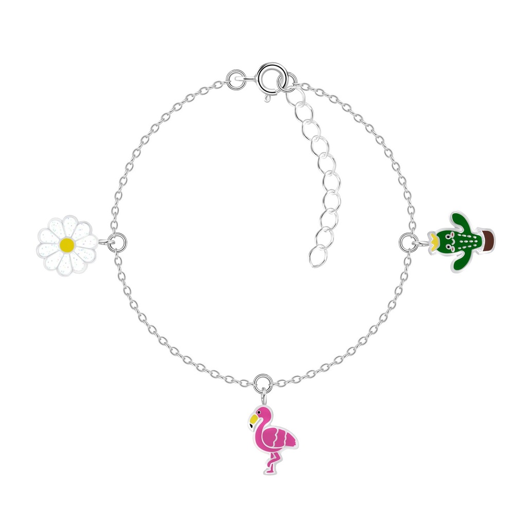 Bracelet fleur, flamant rose et cactus en argent