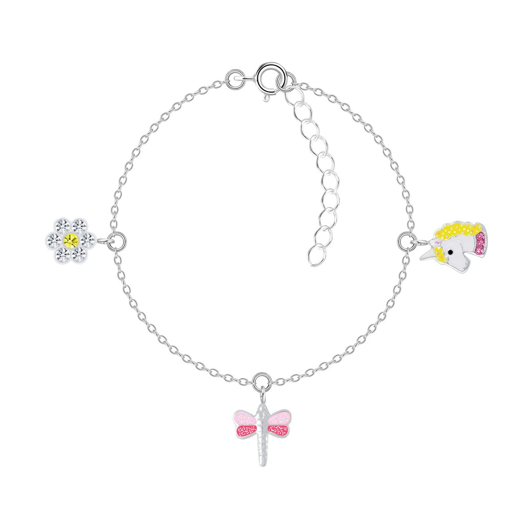 Bracelet fleur, libellule et licorne en argent