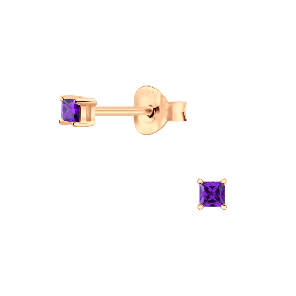 [10007695] 2mm Square Cubic Zirconia Silver Stud Earrings (Amethyst)