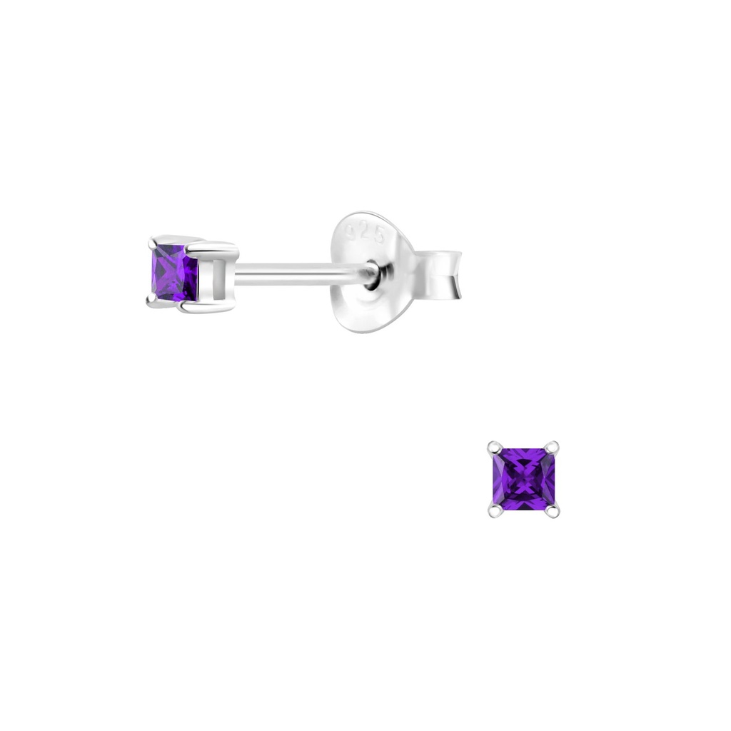 Puces d'oreilles en argent zircon carré 2 mm