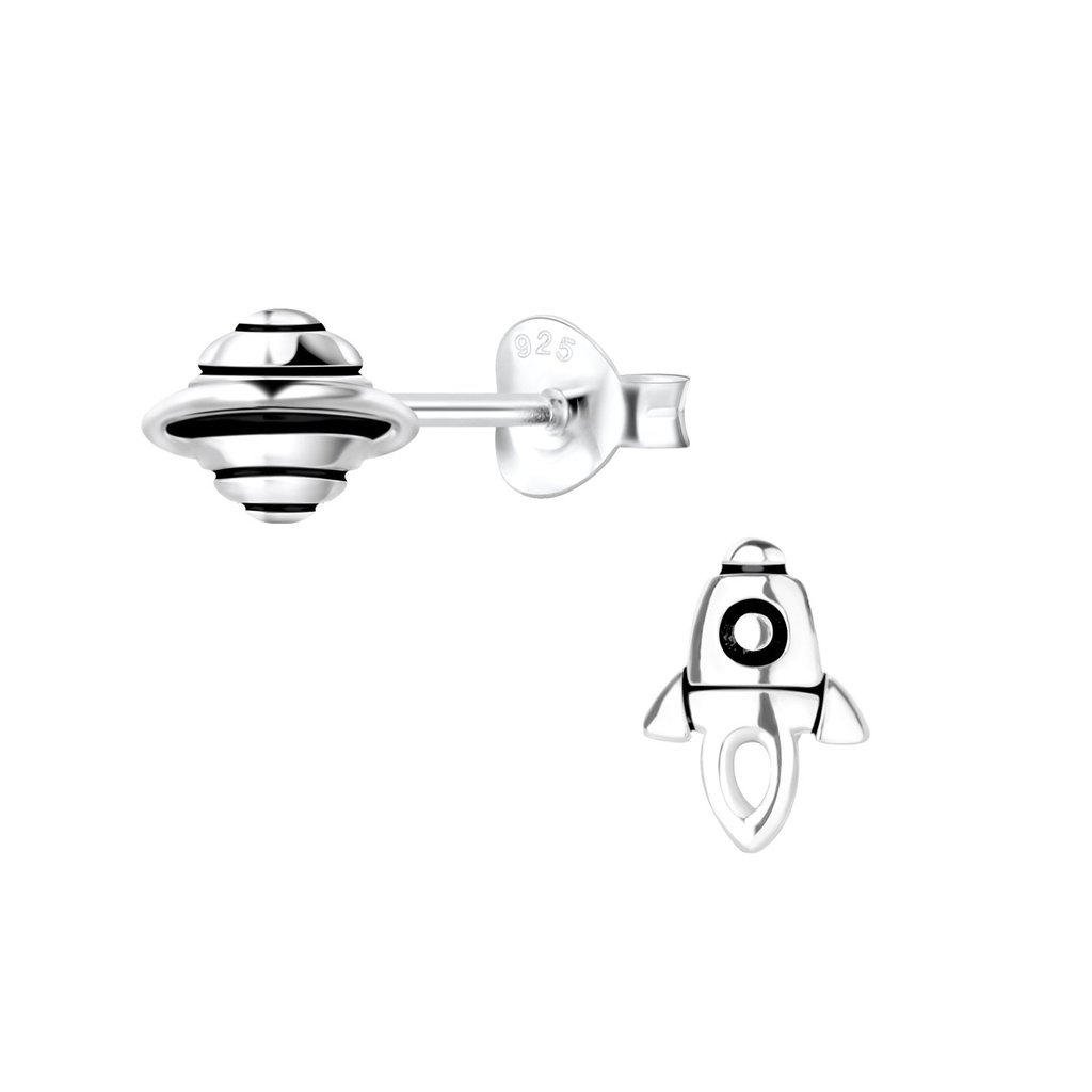 Puces d'oreilles fusée et Saturne en argent