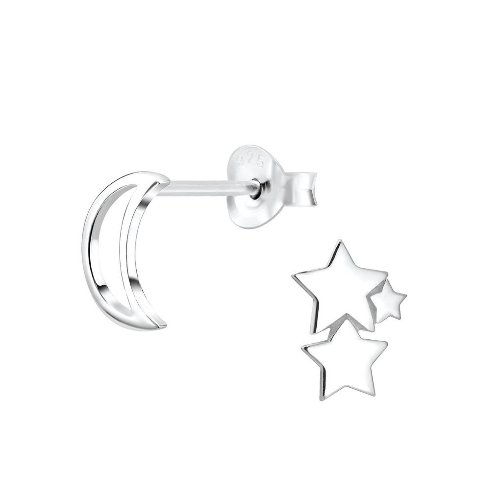 Silver Moon and Star Stud Earrings