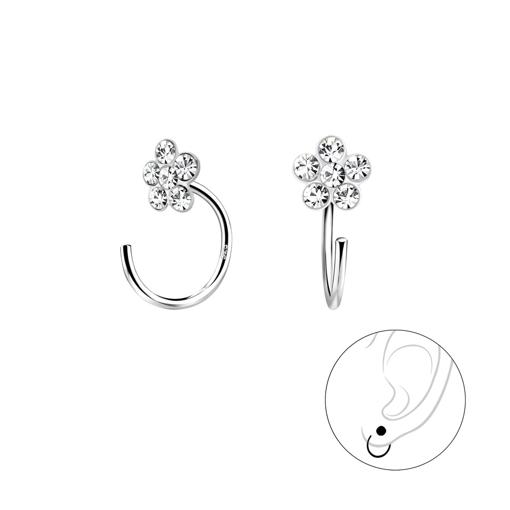 Silver Flower Crystal Ear Huggers