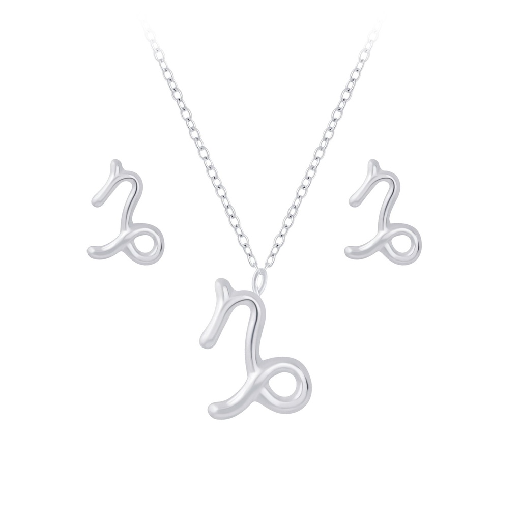 [10010151] Silver Capricorn Zodiac Sign Necklace and Stud Earrings Set