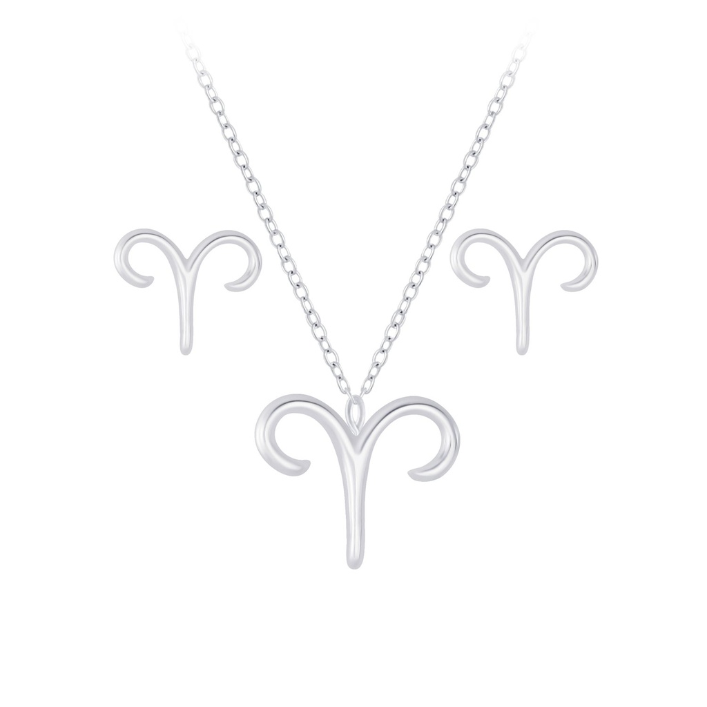 [10010148] Silver Aries Zodiac Sign Necklace and Stud Earrings Set