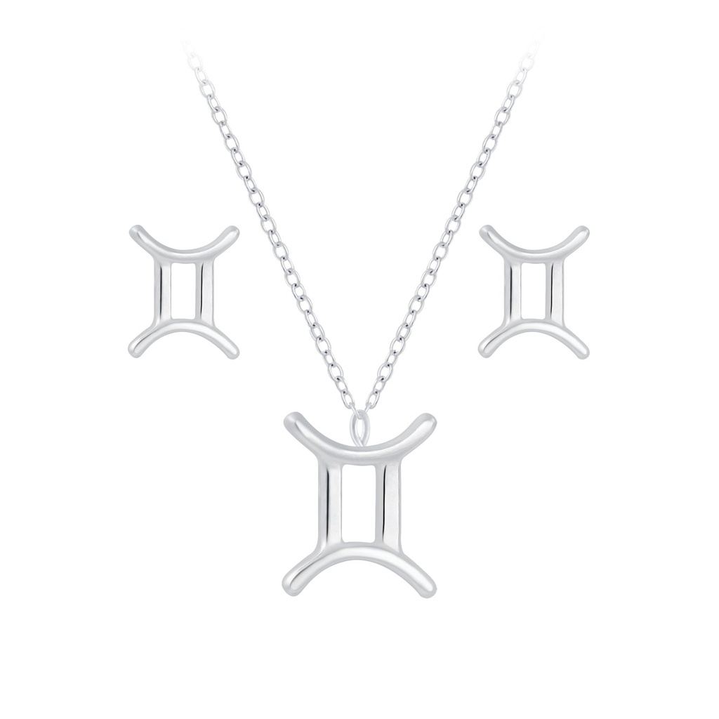 [10010146] Silver Gemini Zodiac Sign Necklace and Stud Earrings Set