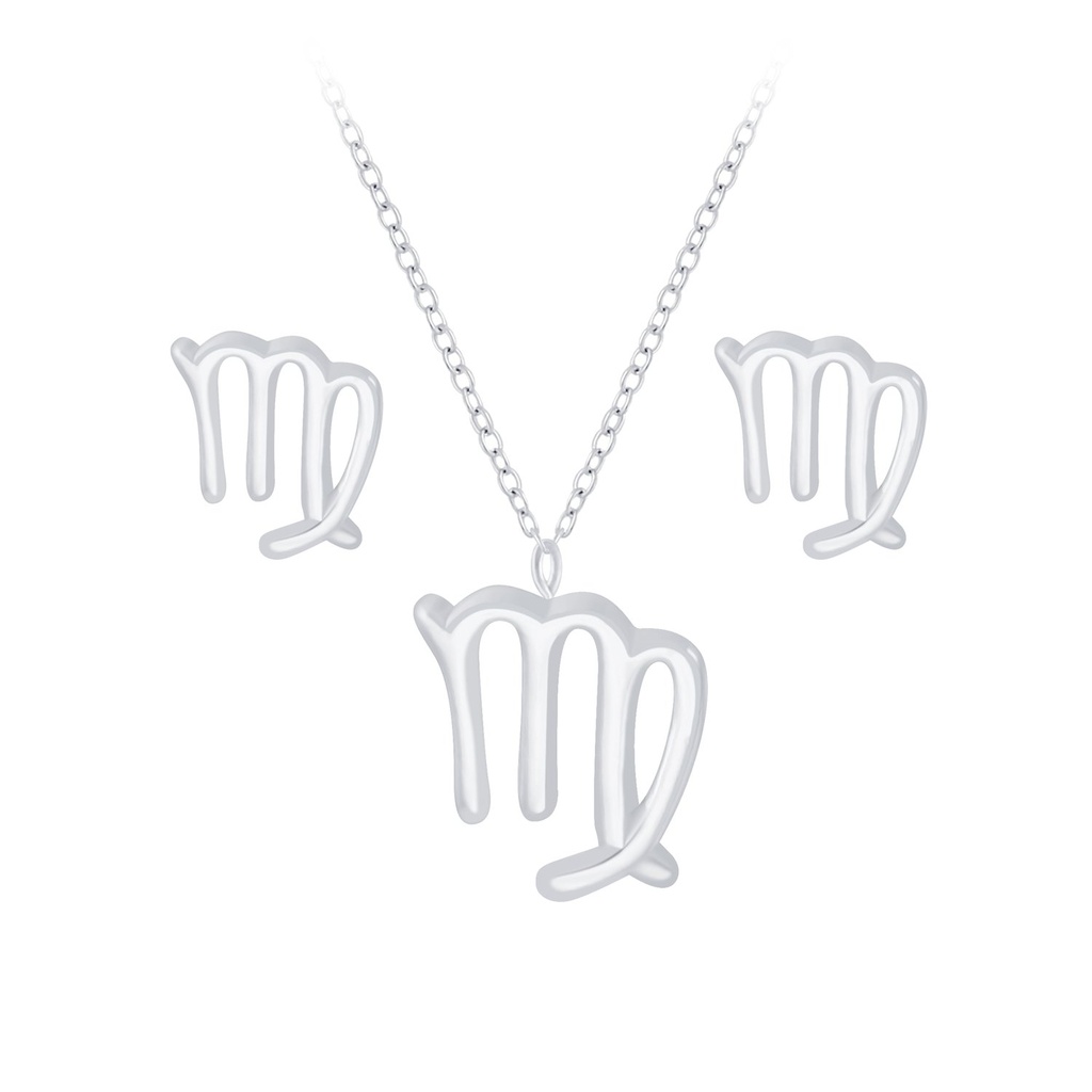 [10010143] Silver Virgo Zodiac Sign Necklace and Stud Earrings Set