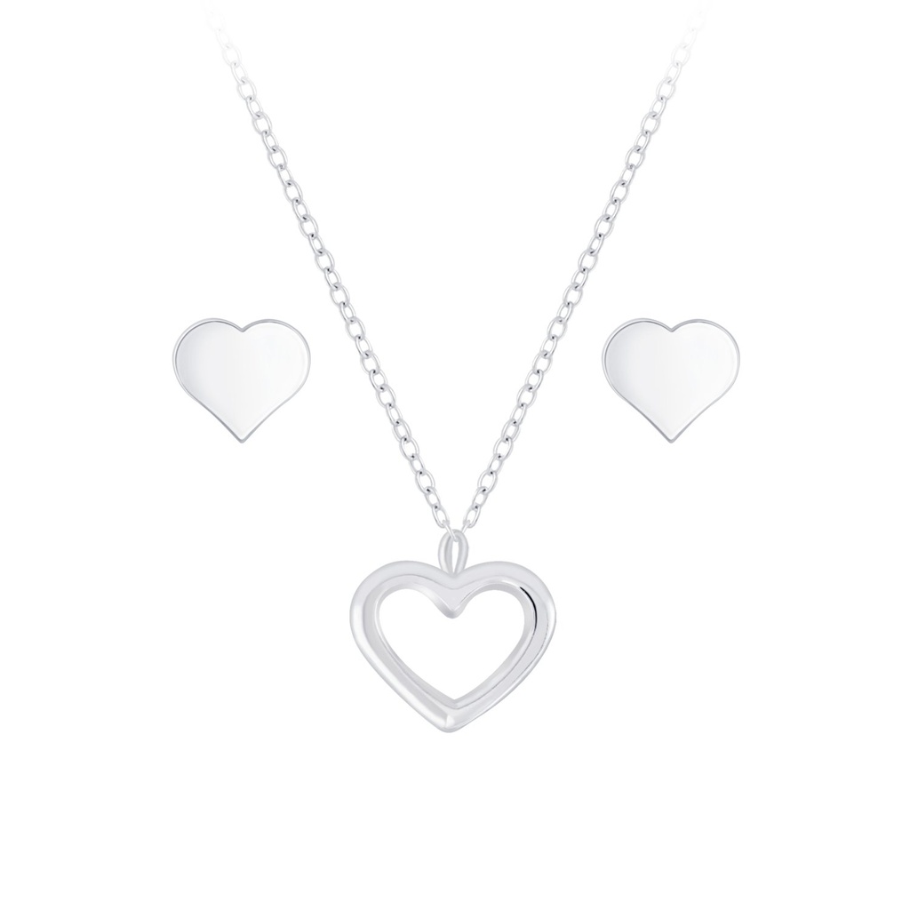 [10010138] Silver Heart Necklace and Stud Earrings Set