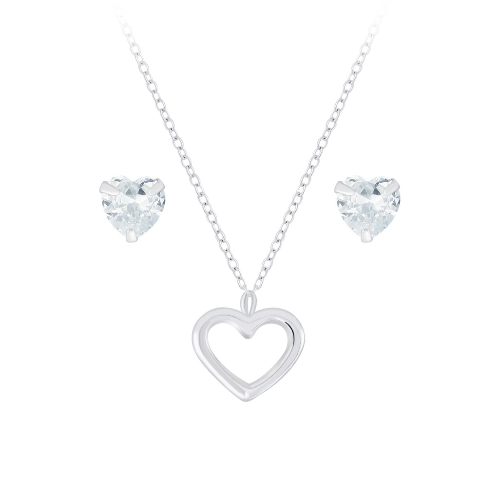 [10010137] Silver Heart Necklace and Stud Earrings Set