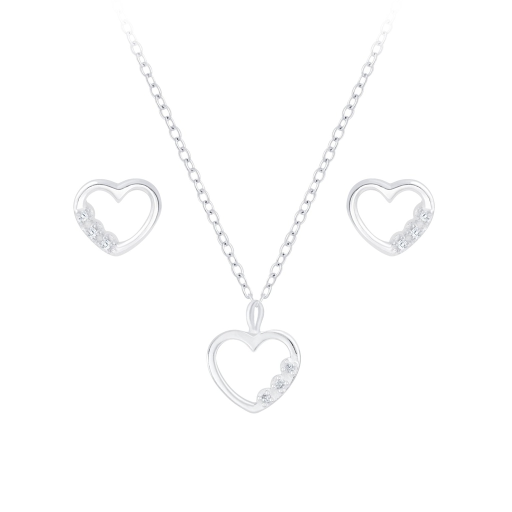 [10010136] Silver Heart Necklace and Stud Earrings Set