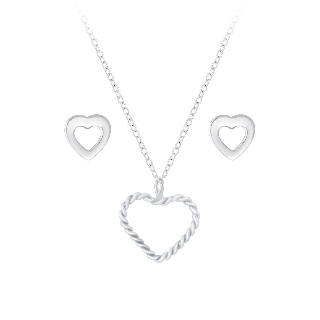 Silver Heart Necklace and Stud Earrings Set