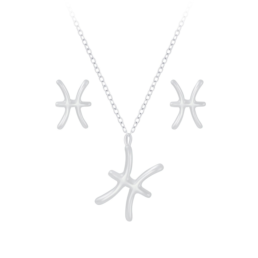 Silver Pisces Zodiac Sign Necklace and Stud Earrings Set