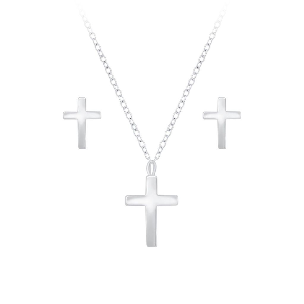 Silver Cross Necklace and Stud Earrings Set