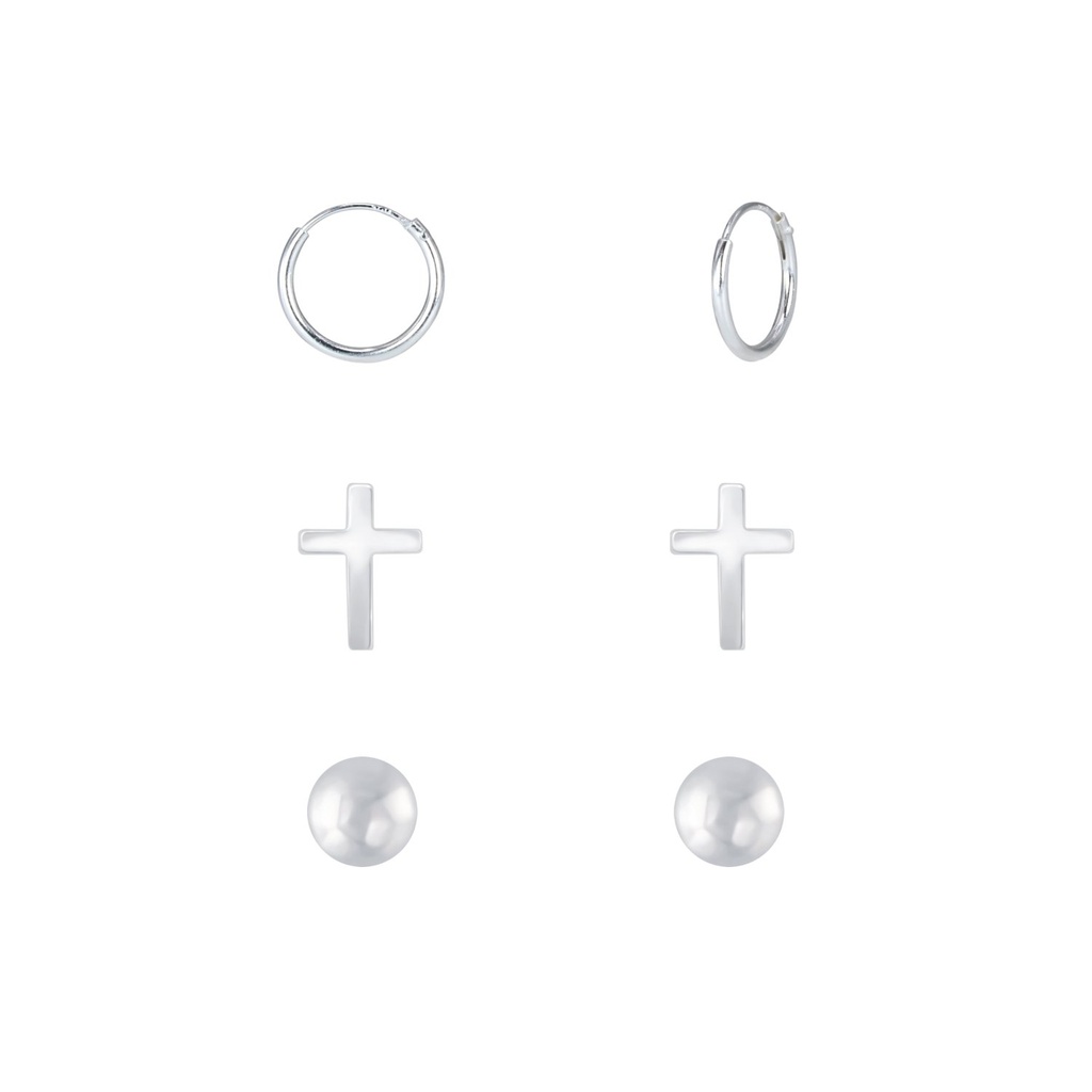 [10010124] Silver Cross and Ball Earrings Set