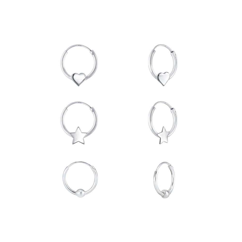 Lot de créoles cœur, étoile et boule en argent