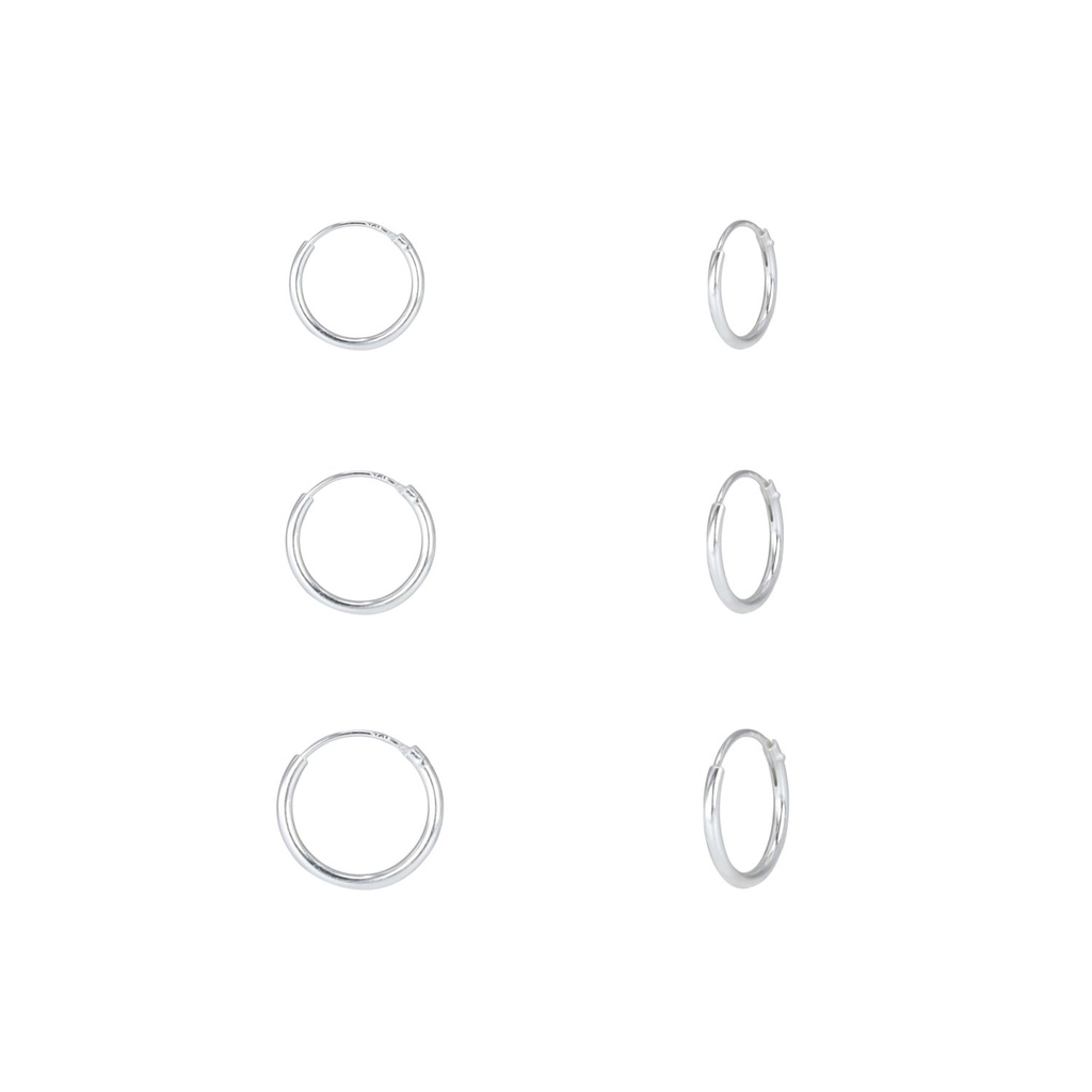 [10010113] 8mm 10mm and 12mm Silver Hoop Earrings Set