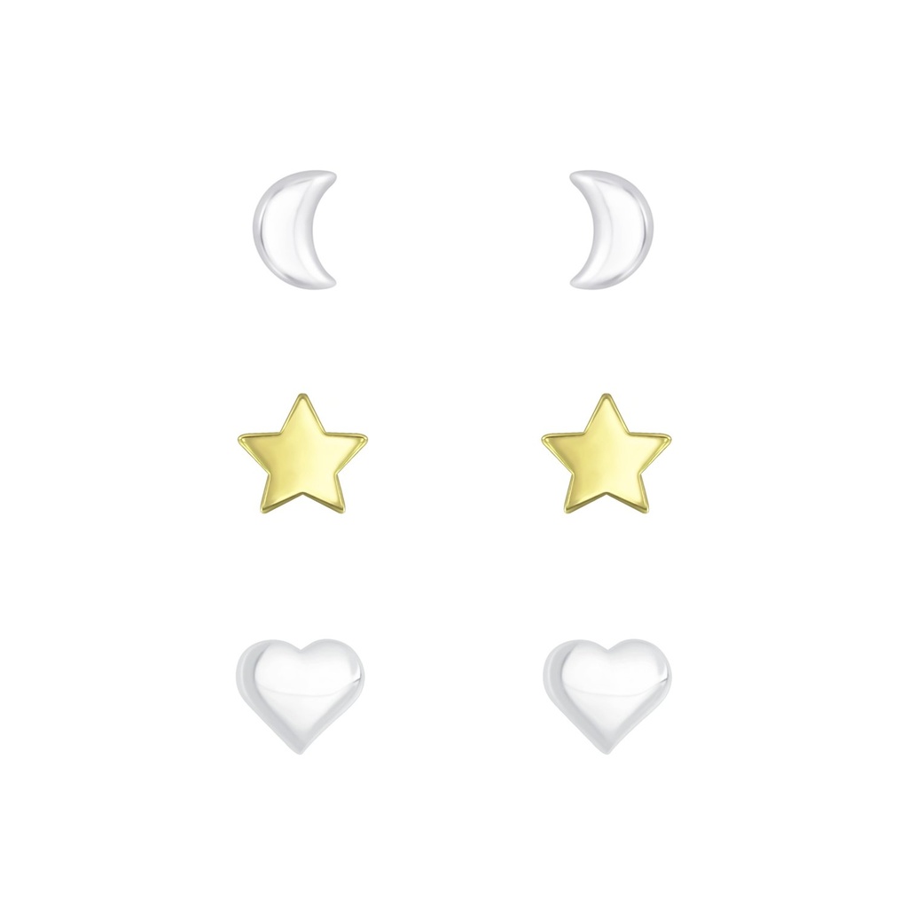[10010103] Silver Moon Star and Heart Stud Earrings Set