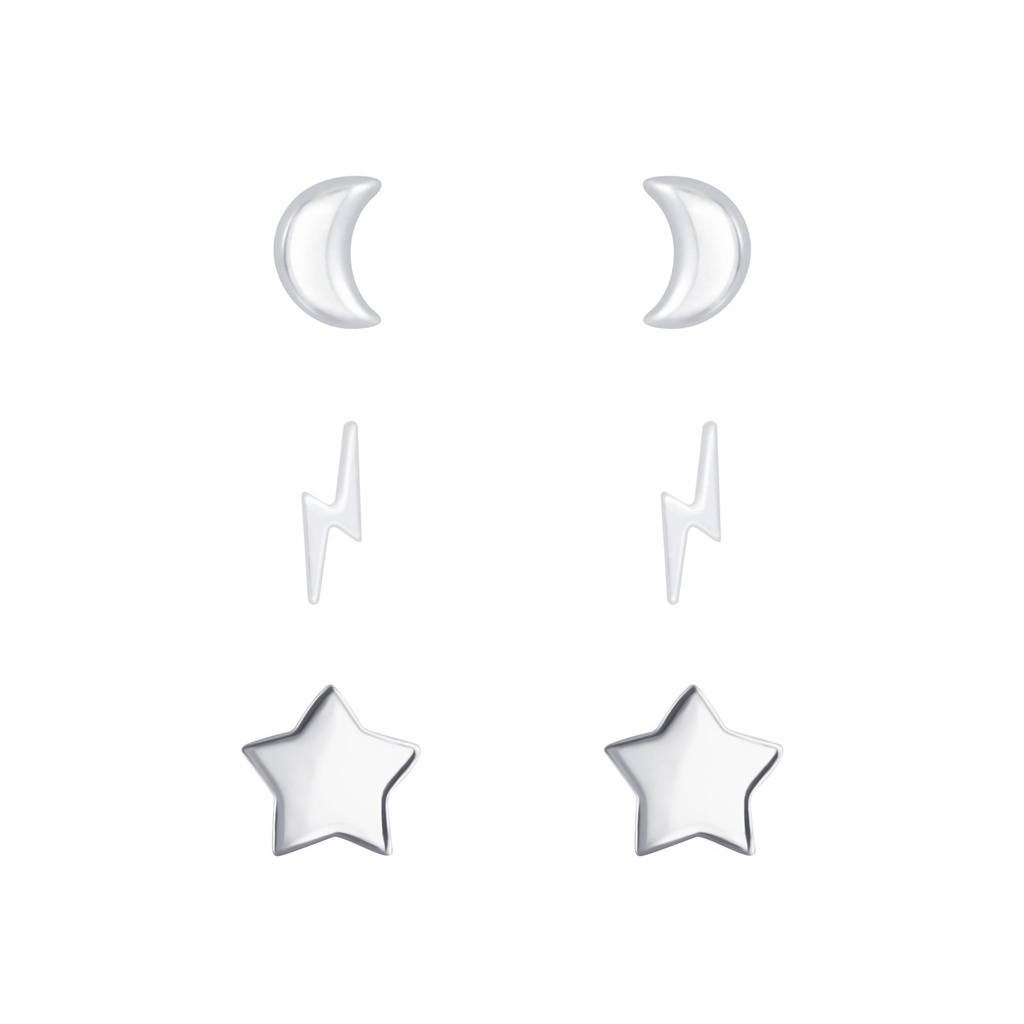 [10010087] Silver Moon Thunder Bolt and Star Stud Earrings Set