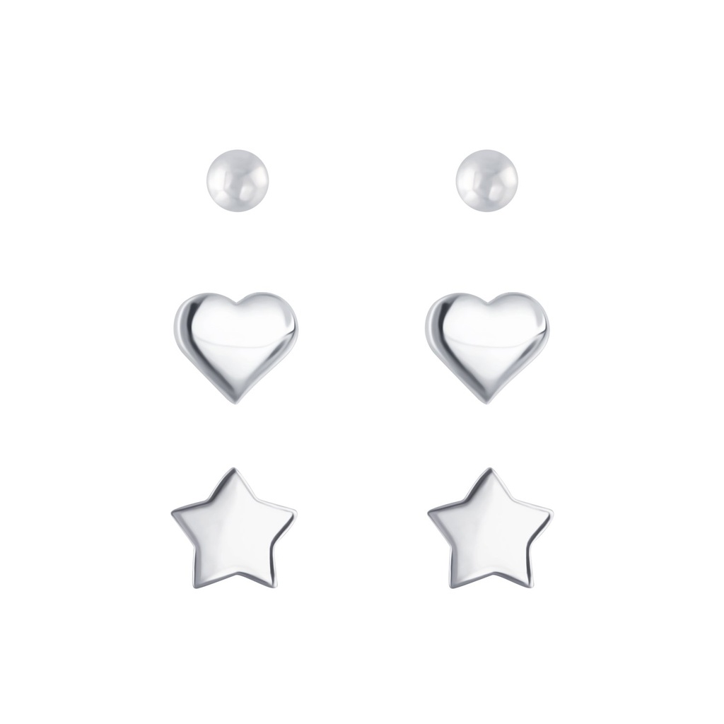 [10010084] Silver Ball Heart and Star Stud Earrings Set