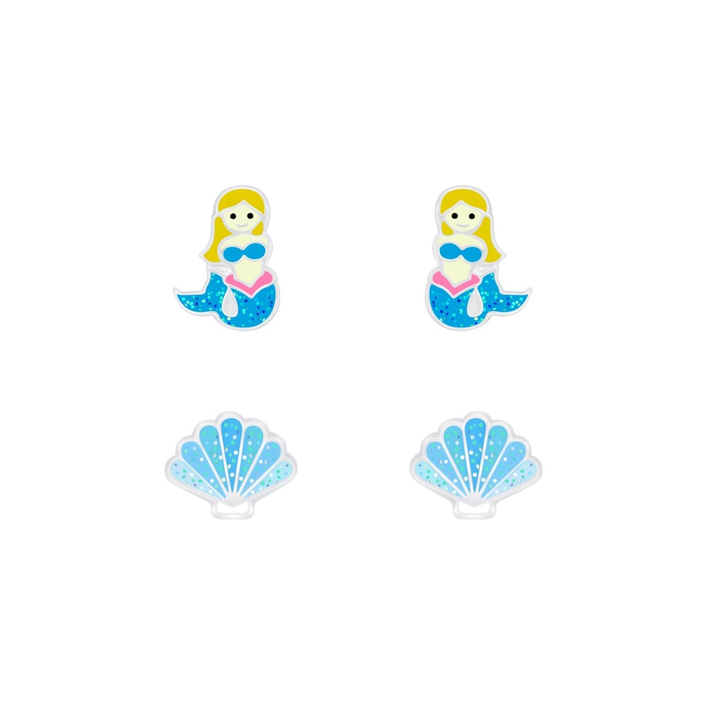 [10010048] Silver Mermaid and Shell Stud Earrings Set