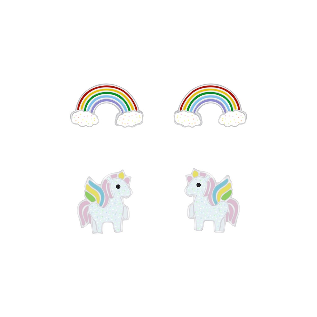 [10010045] Silver Rainbow and Unicorn Stud Earrings Set