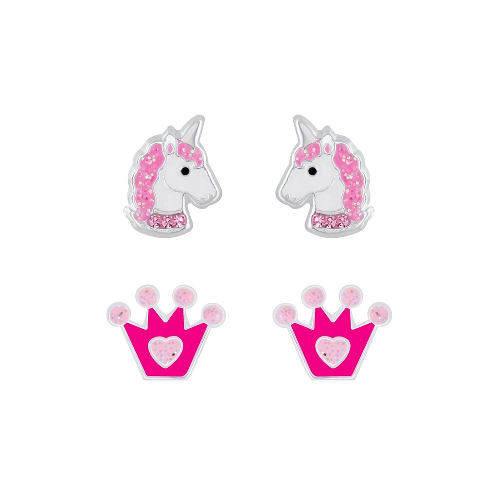 Silver Unicorn and Crown Stud Earrings Set