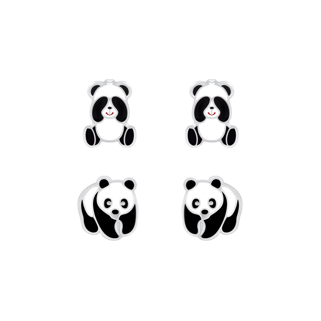 Silver Panda Stud Earrings Set