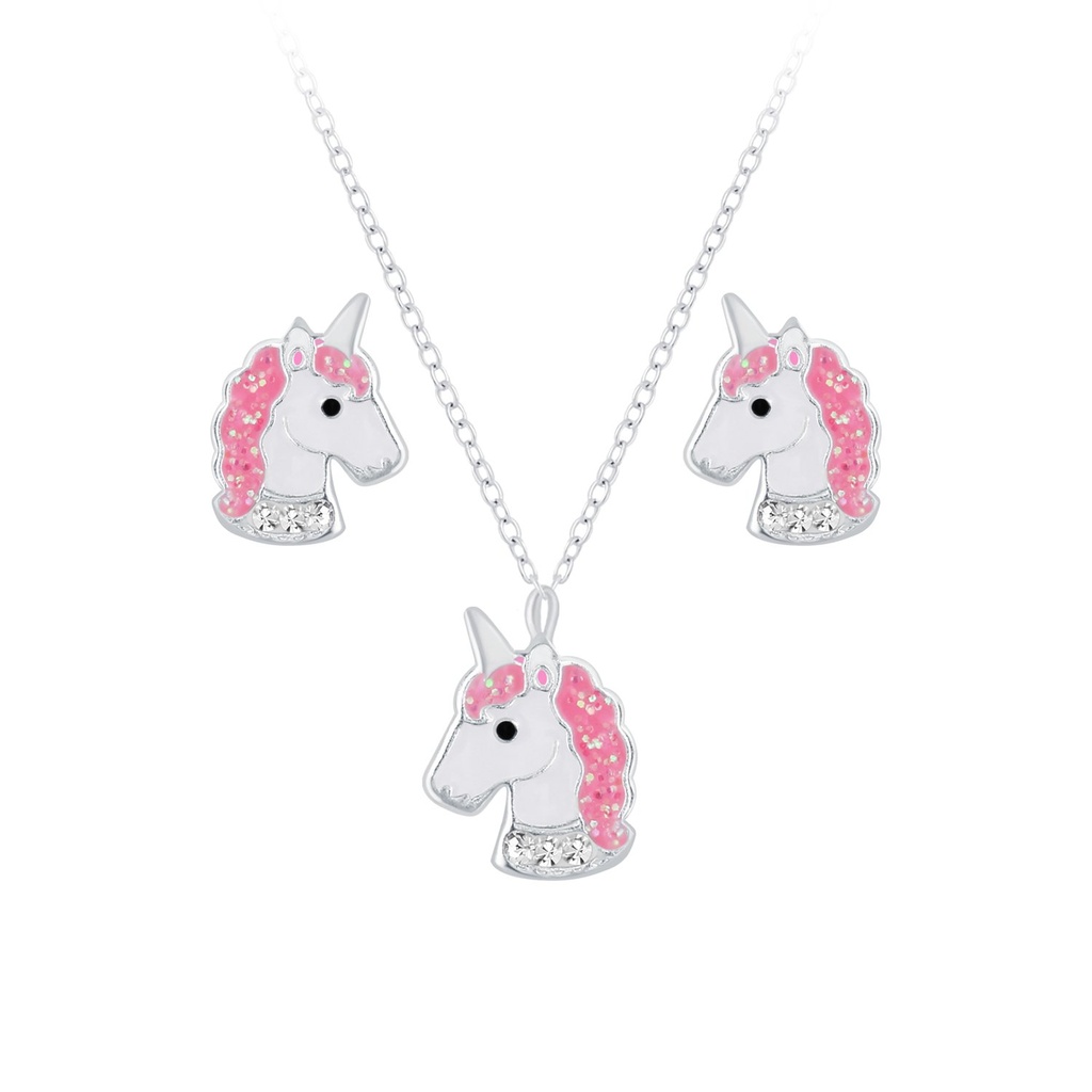 [10010066] Parure collier licorne et puces d'oreilles en argent