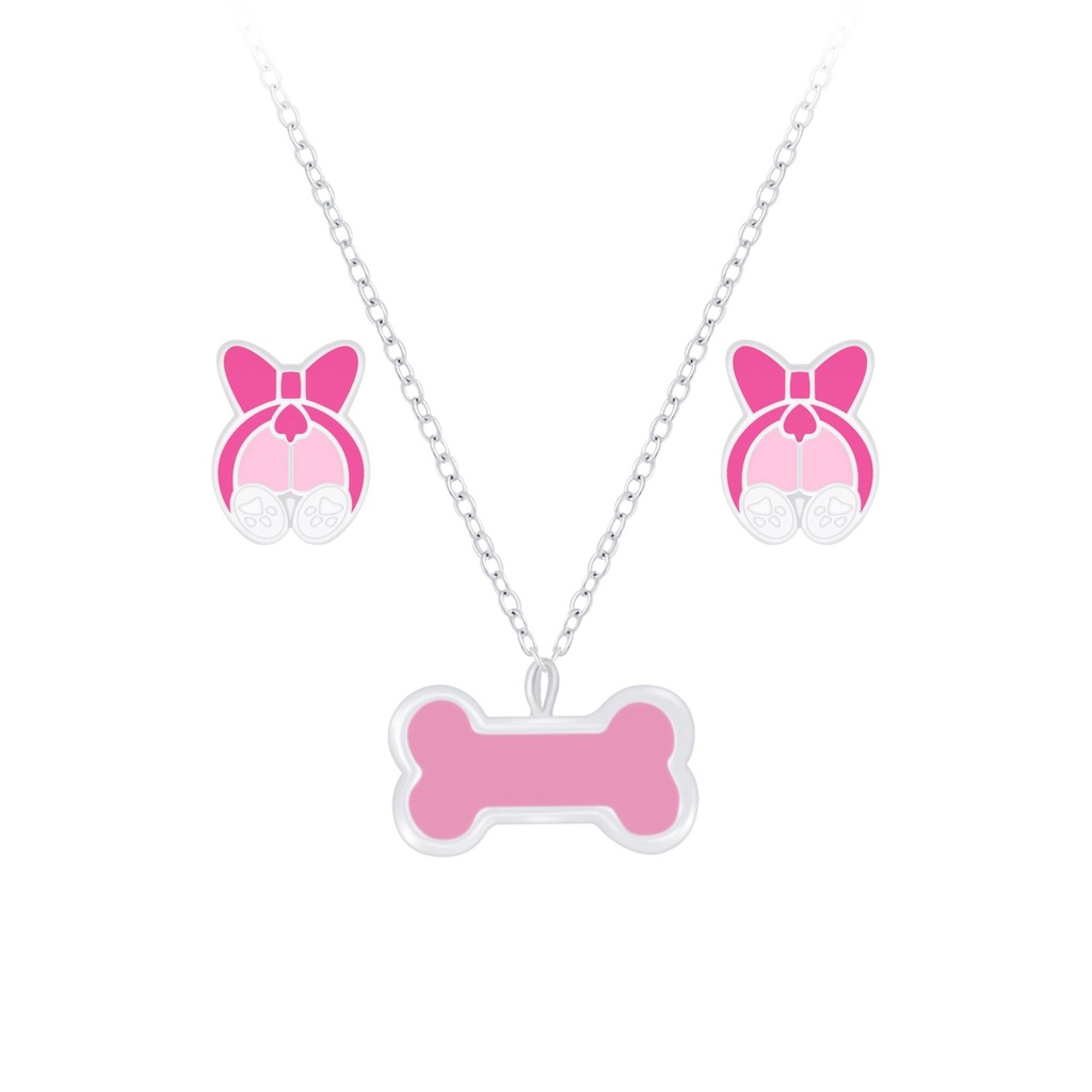 [10010065] Parure collier chien et puces d'oreilles en argent