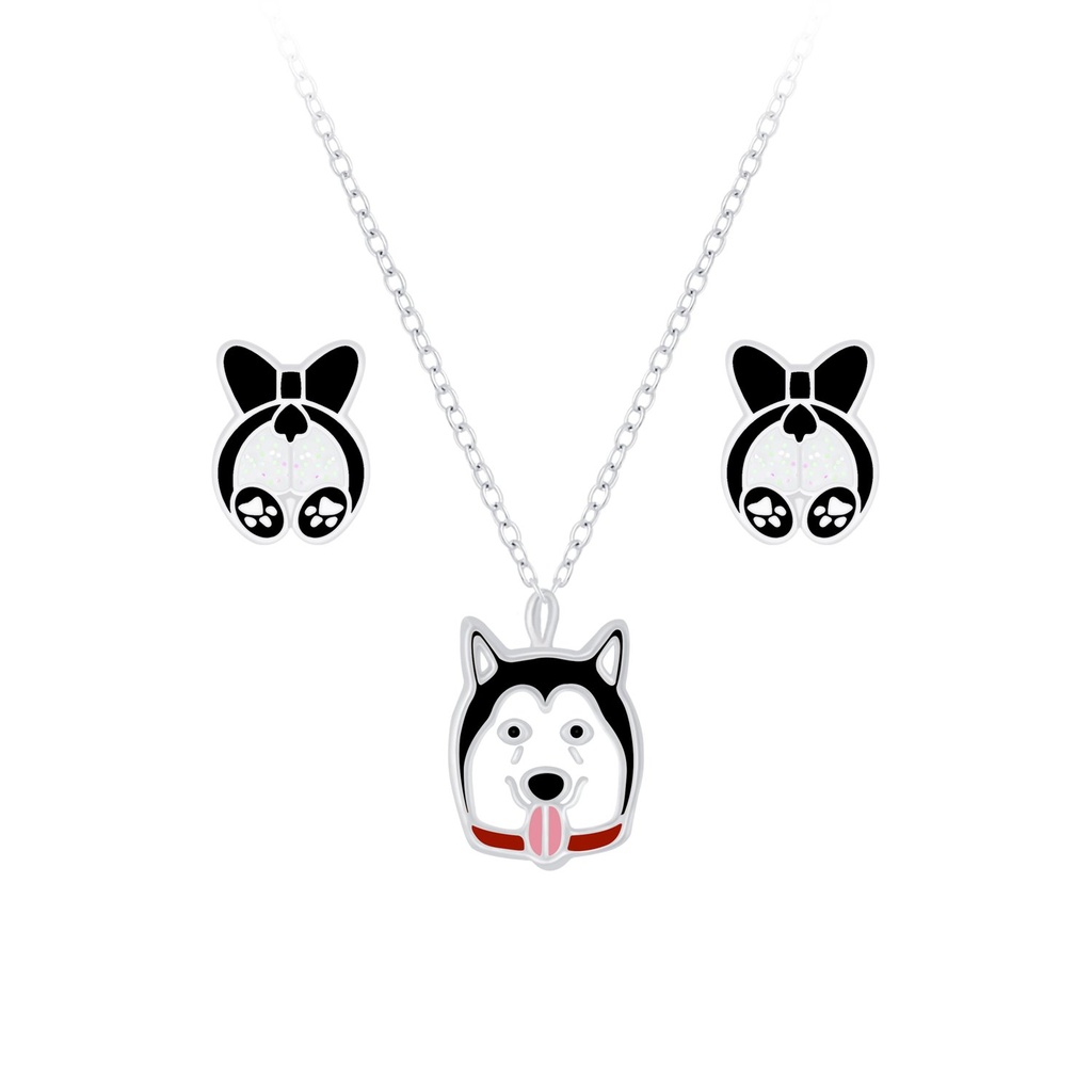 Silver Dog Necklace and Stud Earrings Set