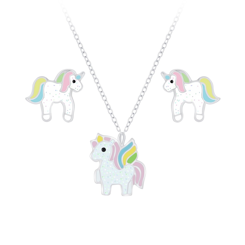 [10010063] Parure collier licorne et puces d'oreilles en argent