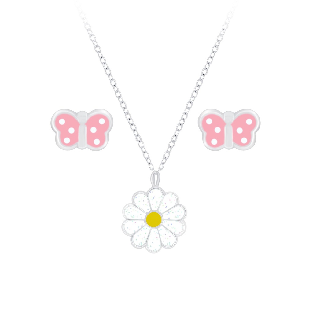 Silver Butterfly Necklace and Daisy Stud Earrings Set