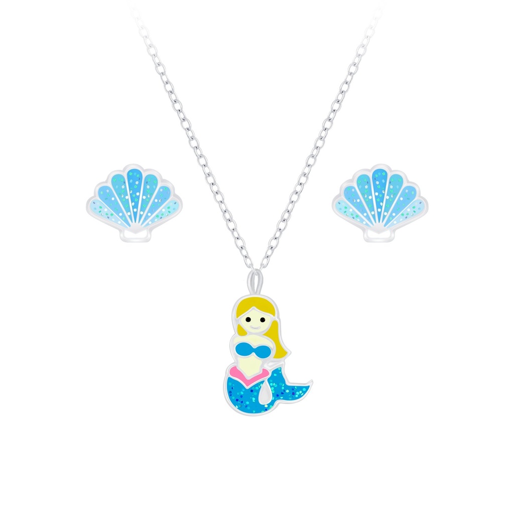 [10010061] Silver Mermaid Necklace and Shell Stud Earrings Set