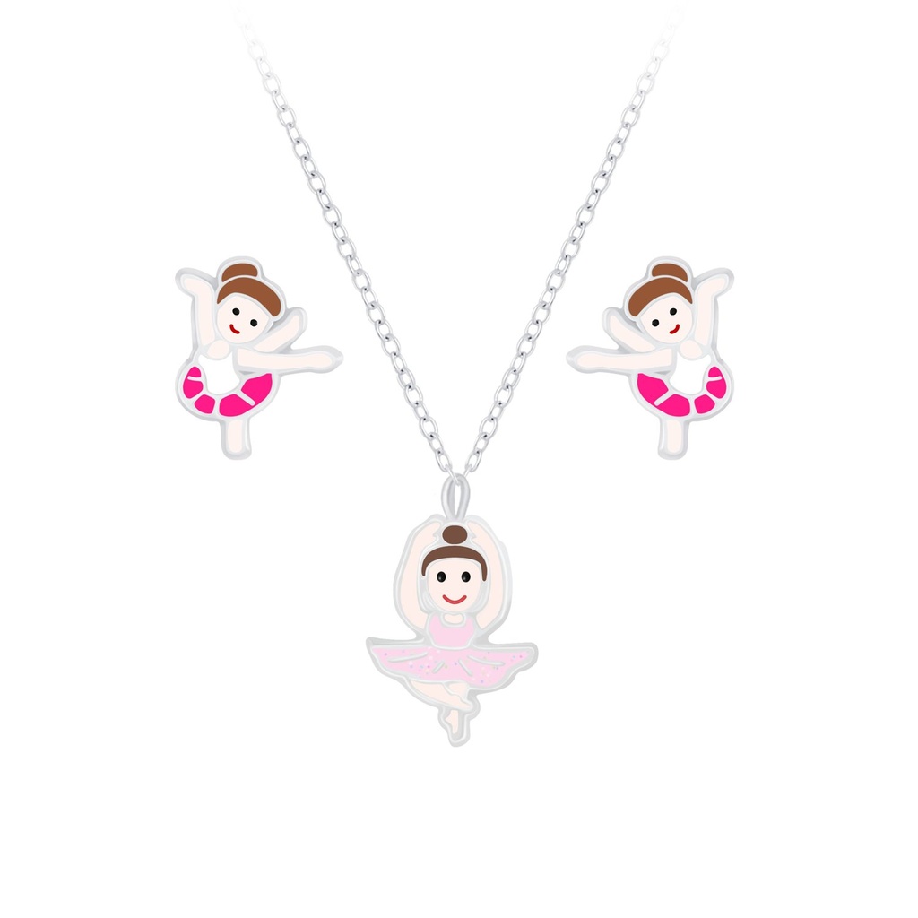 [10010060] Silver Ballerina Necklace and Stud Earrings Set