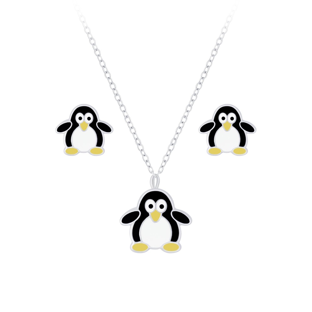 Silver Penguin Necklace and Stud Earrings Set