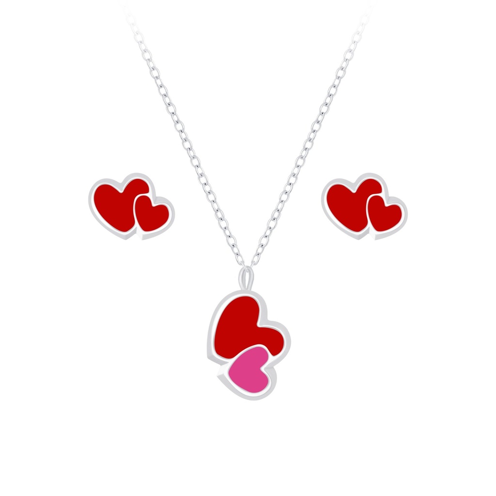 Parure collier cœur et puces d'oreilles en argent