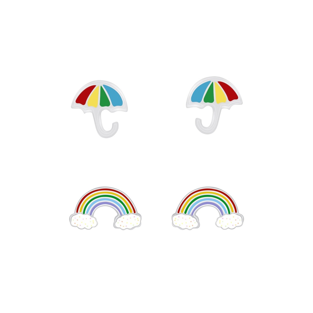 Lot de puces d'oreilles arc-en-ciel et parapluie en argent