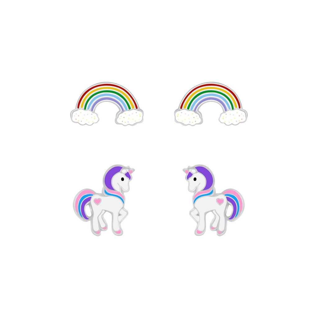 Silver Rainbow and Unicorn Stud Earrings Set