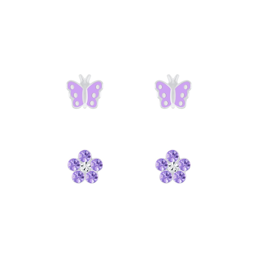 [10010033] Silver Butterfly and Flower Stud Earrings Set
