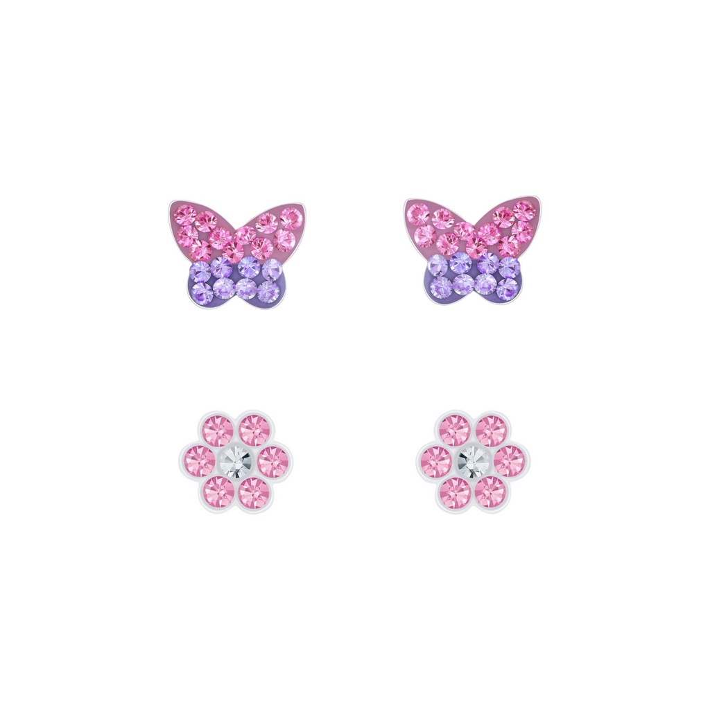 [10010031] Silver Butterfly and Flower Stud Earrings Set