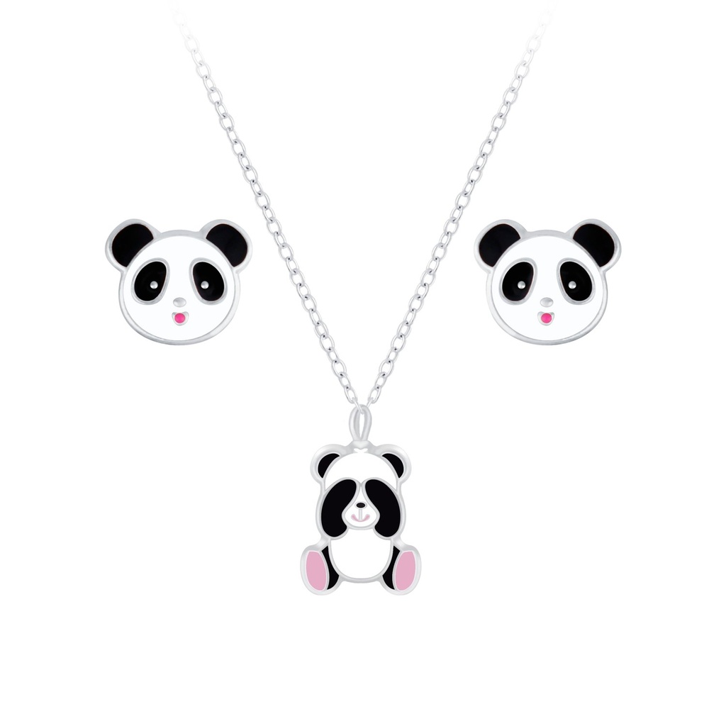 [10010059] Silver Panda Necklace and Stud Earrings Set