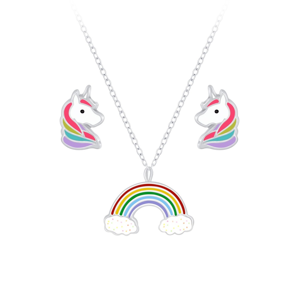 [10010056] Parure collier arc-en-ciel et puces d'oreilles licorne en argent