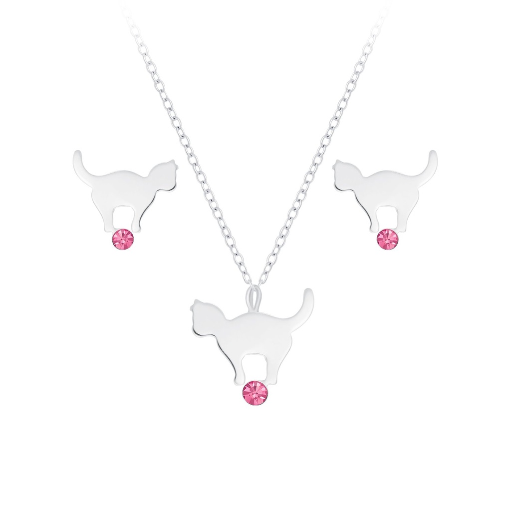 [10010054] Parure collier chat et puces d'oreilles en argent