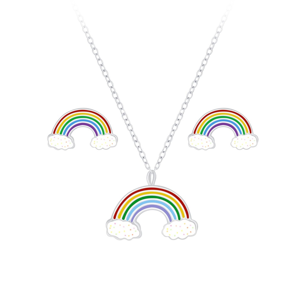 [10010053] Silver Rainbow Necklace and Stud Earrings Set