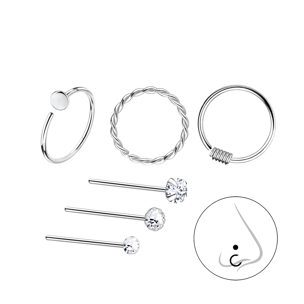 Silver Mixed Nose Jewelry Starter Set - Pack of 6