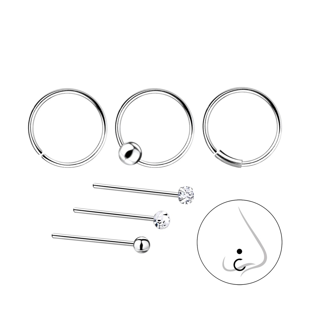 Silver Mixed Nose Jewelry Starter Set - Pack of 6
