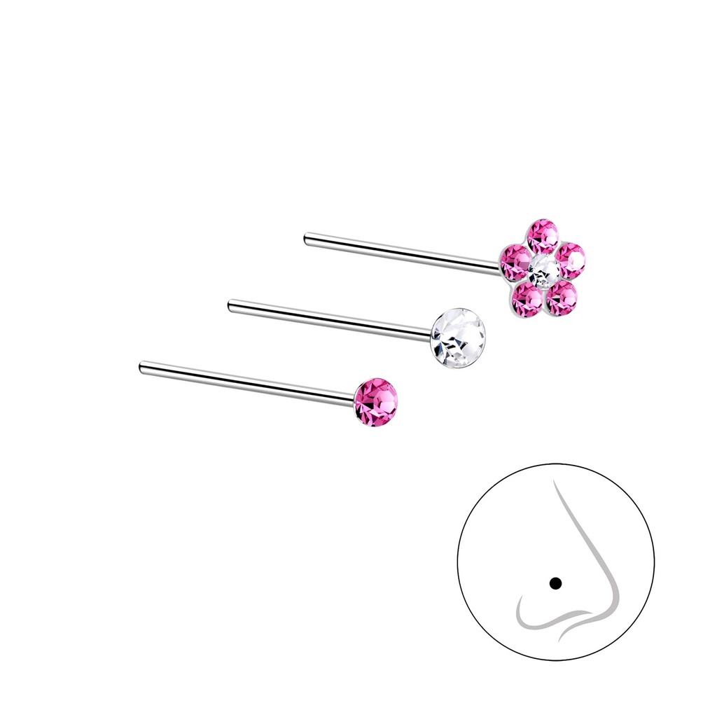 Silver Flower Crystal Nose Stud Set - Pack of 3